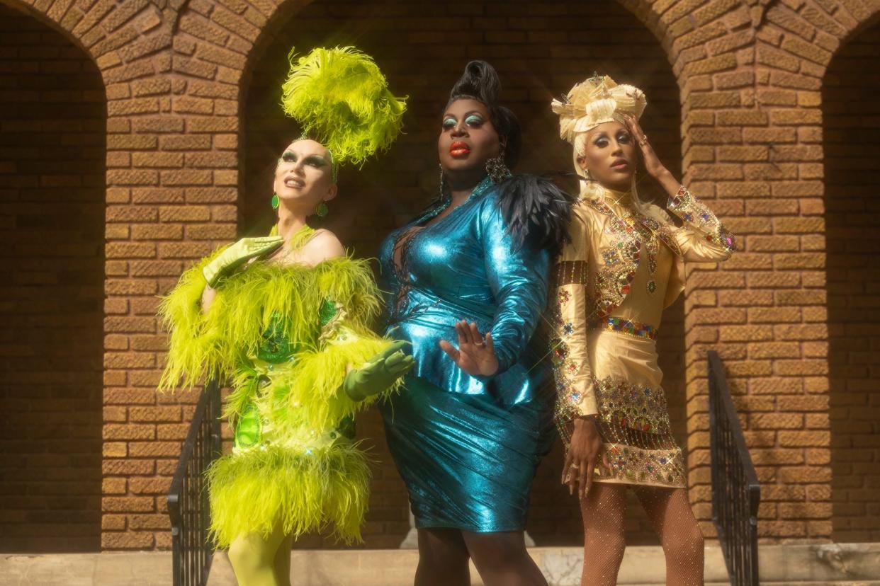 Sasha Velour, Latrice Royale, and Priyanka pictured for "We're Here."