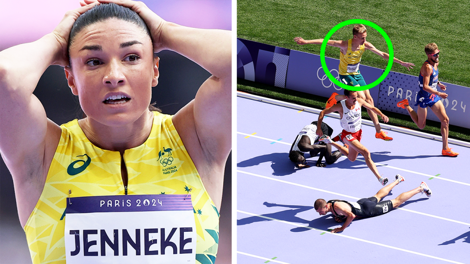 Michelle Jenneke reacts to the race and Stewart McSweyn races.