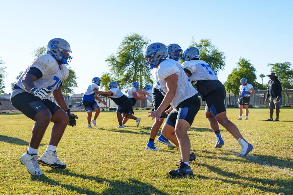 Chandler Wolves offensive line practices on campus on Oct. 24, 2022, in Chandler, AZ.