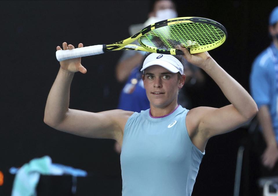 Jennifer Brady celebrates after defeating Karolina Muchova.