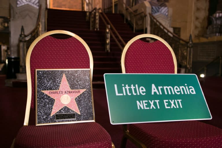 The honorary Walk of Fame Star plaque and Little Armenia sign presented to Charles Aznavour at the Hollywood Pantages