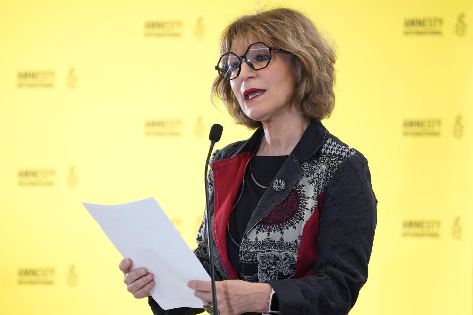 EMBARGOED UNTIL 00.01 UTC APRIL 24,2024 Agnes Callamard, Secretary General of Amnesty International, speaks at a press conference in London, ahead of the launch of 'The State of the World's Human Rights', its annual report on the global human rights situation, Tuesday, April 23, 2024. The report will be published on Wednesday April 24, covering 155 countries and including regional and global analyses, it provides the most comprehensive overview of human rights trends and developments in the world today. (AP Photo/Kirsty Wigglesworth)