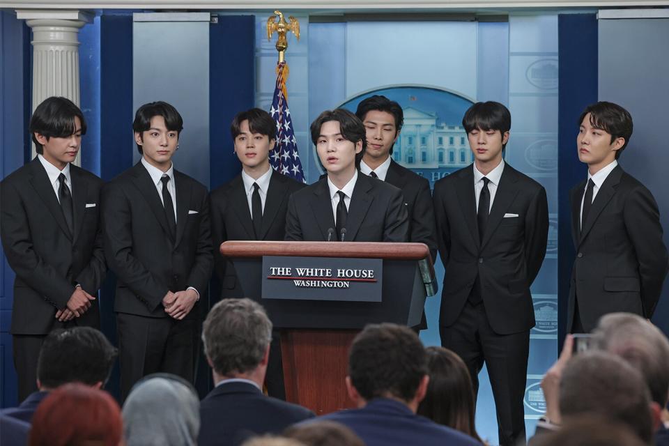 Members of the South Korean pop group BTS speak at the daily press briefing at the White House on May 31, 2022 in Washington, DC. BTS met with U.S. President Joe Biden to discuss Asian inclusion and representation, and to discuss the recent rise in anti-Asian hate crimes.