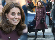 <p><strong>When: Feb. 2, 2018</strong><br>Kate Middleton stunned in a plum burgundy double-breasted coat by Dolce & Gabbana on the final day of her royal tour of Scandinavia on Friday morning. The brand is one of Melania Trump’s favourites, and the D&G coat fit the six-month’s pregnant princess like a glove.<em> (Photo: Getty)</em> </p>