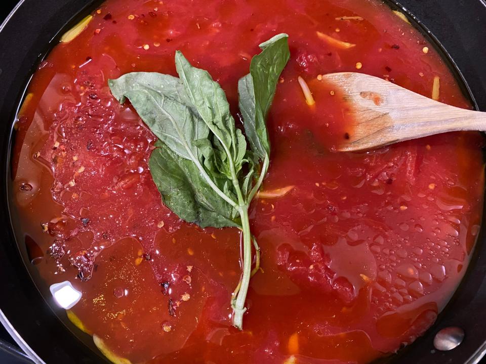 basil on top of cooked marinara sauce 30 minute recipe