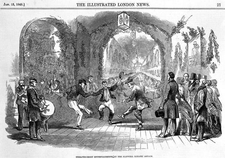 An illustration depicting asylum patients dancing at a ball.