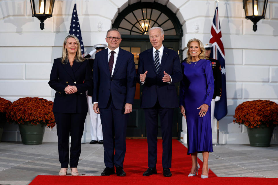 Jodie Haydon, Australia's Prime Minister Anthony Albanese, President Joe Biden and Jill Biden pose for photos after the arrival of Albanese at the White House on Oct. 24, 2023. (Anna Moneymaker / Getty Images)