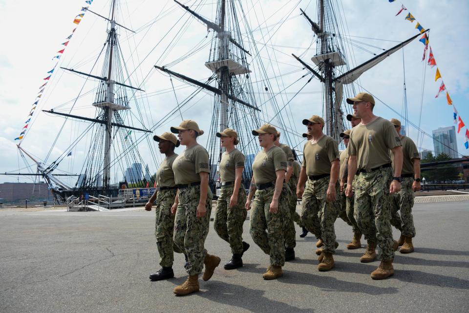 Sailors in front of the Constitution at the Charlestown Navy Yard in August 2019.