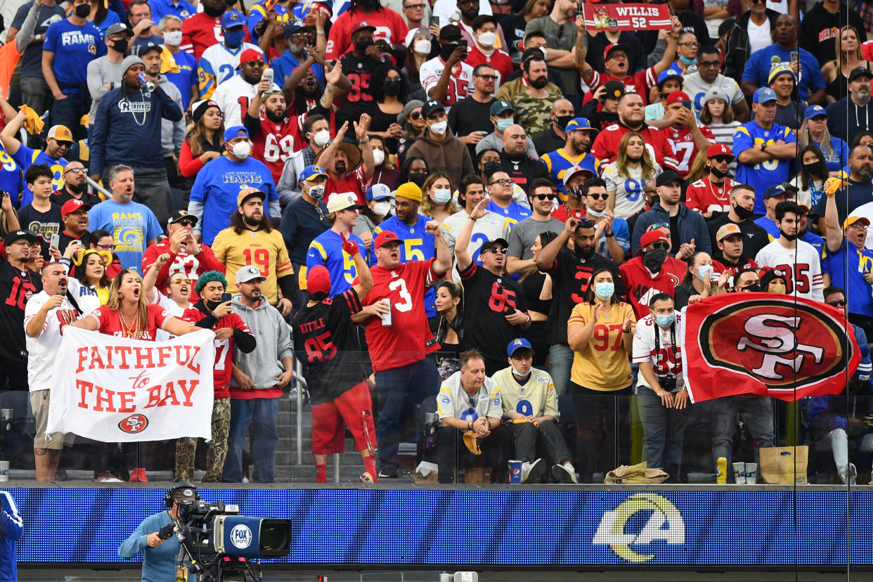 San Francisco 49er fans cheer during the NFL game between the San Francisco 49ers and the Los Angeles Rams on January 9, 2022, at SoFi Stadium in Inglewood, CA. (Photo by Brian Rothmuller/Icon Sportswire via Getty Images)