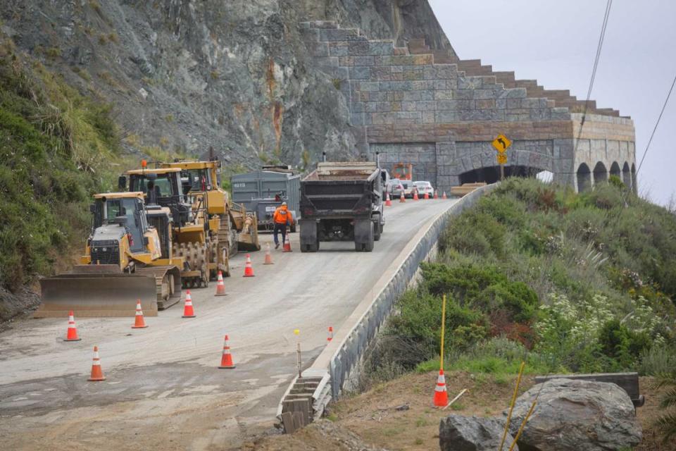 Highway 1 is closed for heavy reconstruction at Paul’s Slide about 22 miles north of the Monterey County line. Trucks arrived at the construction site every few minutes with loads of boulders or road base on May 17, 2024.