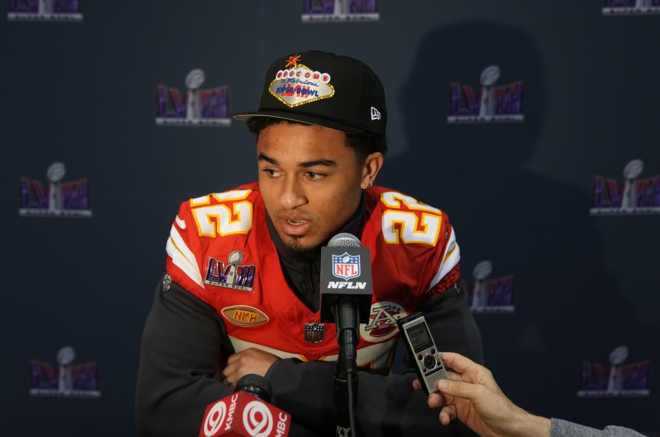 Feb 8, 2024; Las Vegas, NV, USA; Kansas City Chiefs cornerback Trent McDuffie (22) during a press conference before Super Bowl LVIII at Westin Lake Las Vegas Resort and Spa. Mandatory Credit: Kyle Terada-USA TODAY Sports