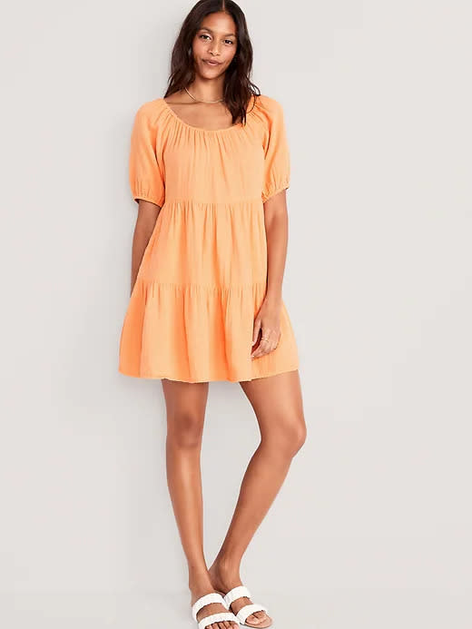 Puff-Sleeve Tiered Mini Swing Dress. Image via Old Navy.