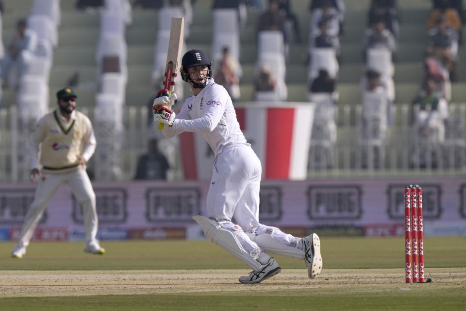 England's Zak Crawley bats during the first day of the first test cricket match between Pakistan and England, in Rawalpindi, Pakistan, Dec. 1, 2022. (AP Photo/Anjum Naveed)