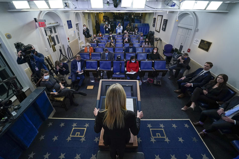 White House press secretary Kayleigh McEnany speaks at the White House, Thursday, Jan. 7, 2021, in Washington. (AP Photo/Patrick Semansky)