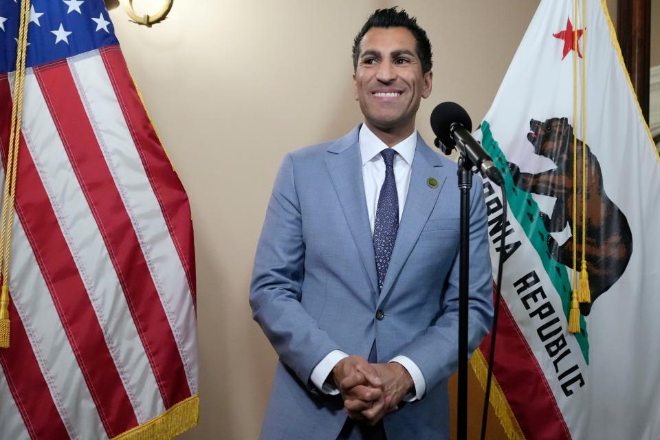 California Assembly Speaker Robert Rivas, D-Hollister, smiles as he talks with reporters at the Capitol in Sacramento, Calif., Friday, June 30, 2023. Rivas has said little about his specific priorities as speaker but has emphasized the importance of a unified caucus.