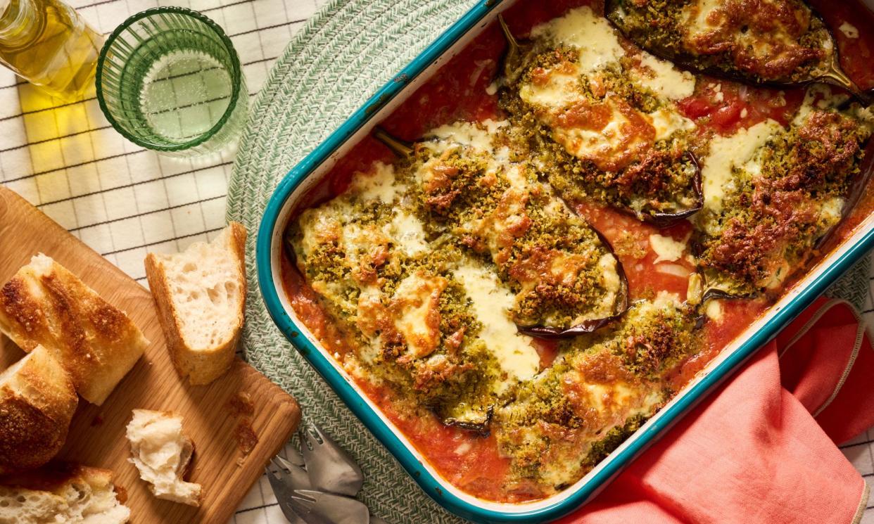 <span>‘Speedy yet sumptuous’: Alice Zaslavsky’s recipe for eggplant parma with parsley and garlic pangrattato.</span><span>Photograph: Eugene Hyland/The Guardian</span>