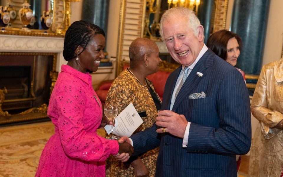 The Prince of Wales meets TV presenter Diane Louise Jordan (left) at a reception at Buckingham Palace in London to celebrate the Commonwealth Diaspora - Dominic Lipinski 