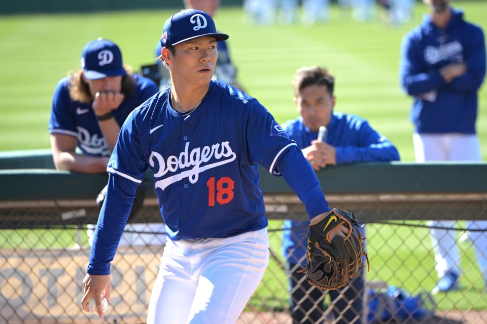 Los Angeles Dodgers starting pitcher Yoshinobu Yamamoto (18) will make his first MLB spring training start on Wednesday. Mandatory Credit: Jayne Kamin-Oncea-USA TODAY Sports