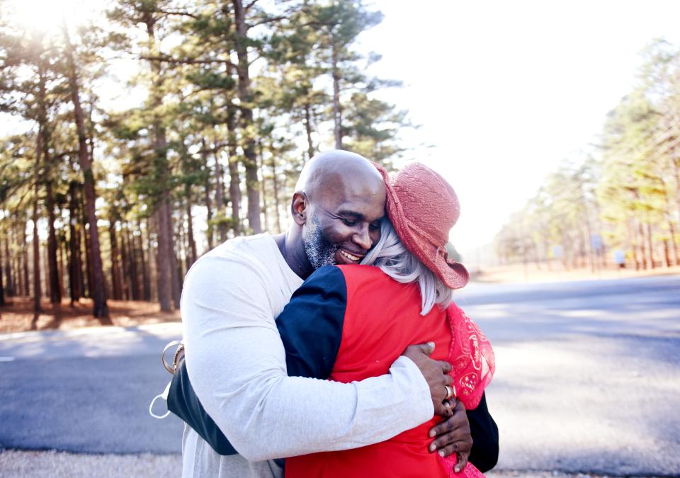 After 25 years in prison Brandon Jackson, 50, reunited with his mother, Mollie Peoples, close to David Wade Correctional Center Friday afternoon, February 11, 2022.