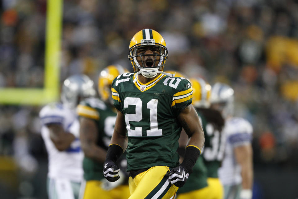 FILE - In this Nov. 15, 2009, file photo, Green Bay Packers' Charles Woodson reacts during the first half of an NFL football game against the Dallas Cowboys in Green Bay, Wis. Peyton Manning, Charles Woodson, Jared Allen and Calvin Johnson are first-year eligible players to make the list of 25 semifinalists for the Pro Football Hall of Fame’s class of 2021. (AP Photo/Jim Prisching, File)