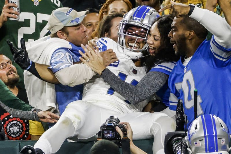 Detroit Lions wide receiver Amon-Ra St. Brown totaled a game-high 108 receiving yards in a win over the Las Vegas Raiders on Monday in Detroit. File Photo by Tannen Maury/UPI