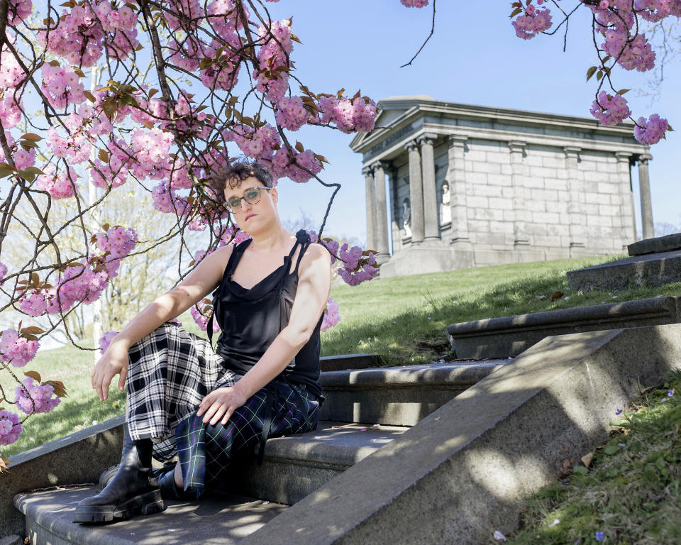 Writer-director Jane Schoenbrun poses for a portrait on Tuesday, April 23, 2024, in New York to promote their film "I Saw the TV Glow." (Photo by Christopher Smith/Invision/AP)