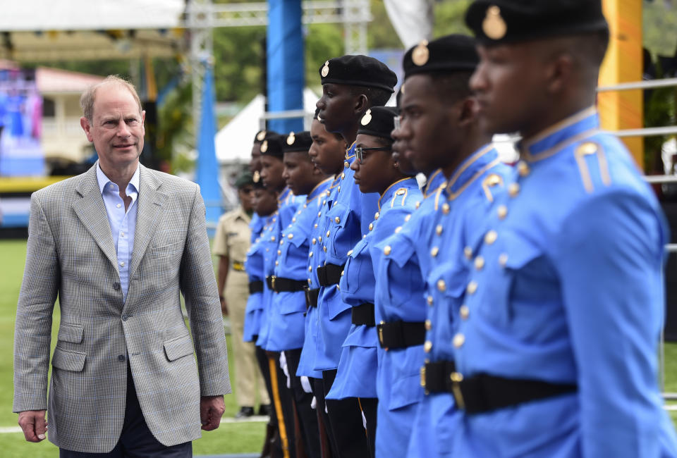 SOUFRIERE, SAINT LUCIA - APRIL 27: Prince Edward, Earl of Wessex inspects a guard of honour as he attends a performance celebrating St Lucia’s young people, with Sophie, Countess of Wessex, at the Soufriere Mini Stadium on day six of their Platinum Jubilee Royal Tour of the Caribbean on April 27, 2022 in Soufriere, Saint Lucia. The Earl and Countess of Wessex are touring the region for one week, with visits to Antigua and Barbuda, St Lucia, and St Vincent and the Grenadines. The tour forms part of Queen Elizabeth II's Platinum Jubilee celebrations.  (Photo by Stuart C. Wilson/Getty Images)