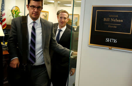 Facebook Chief Executive Officer Mark Zuckerberg leaves a meeting with Senator Bill Nelson (D-FL) on Capitol Hill in Washington, U.S., April 9, 2018. REUTERS/Joshua Roberts