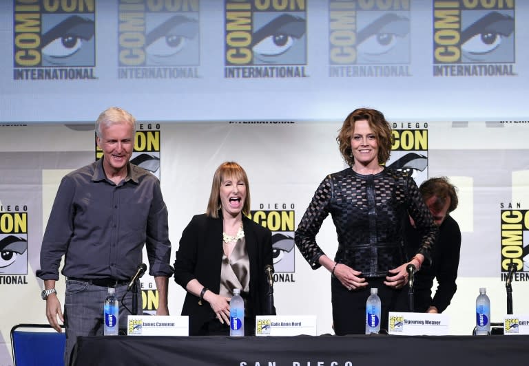 (L-R) Director James Cameron, producer Gale Anne Hurd, actors Sigourney Weaver and Bill Paxton attend the "Aliens: 30th Anniversary" panel during Comic-Con International 2016