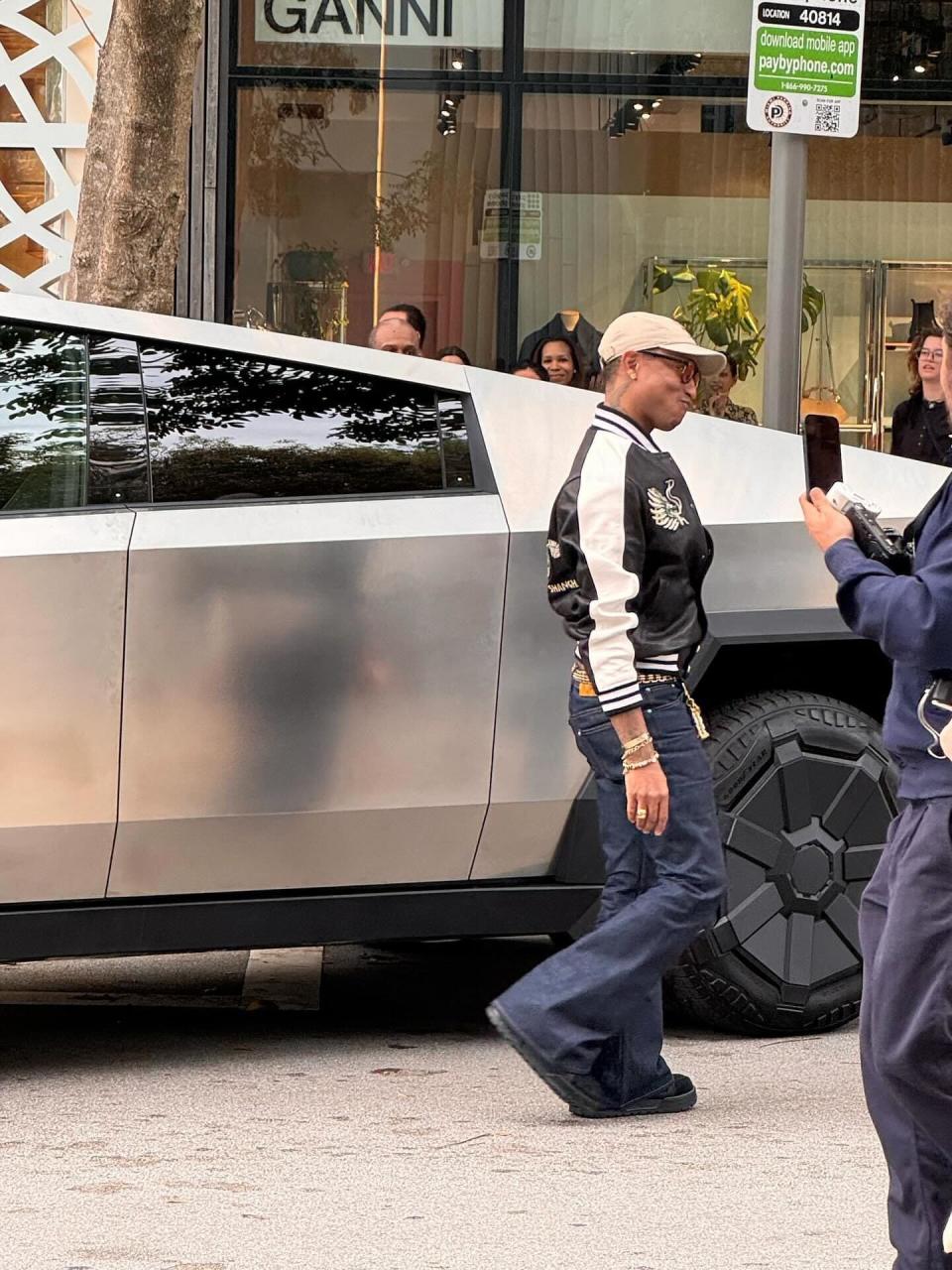 Pharrell Williams outside the Cybertruck