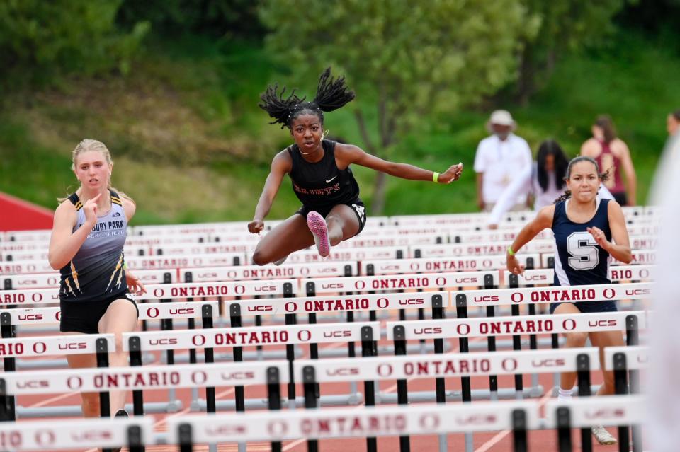 Adelanto's Ryan Basnight races in the Girls 100 Hurdles of the CIF-Southern Section Division 2 Prelims on Saturday, May 4, 2024 at Ontario High School in Ontario.