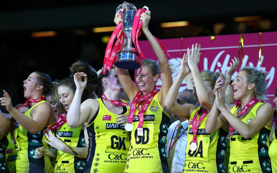 Emma Dovey of Manchester Thunder lifts the Superleague trophy - Getty Images Europe