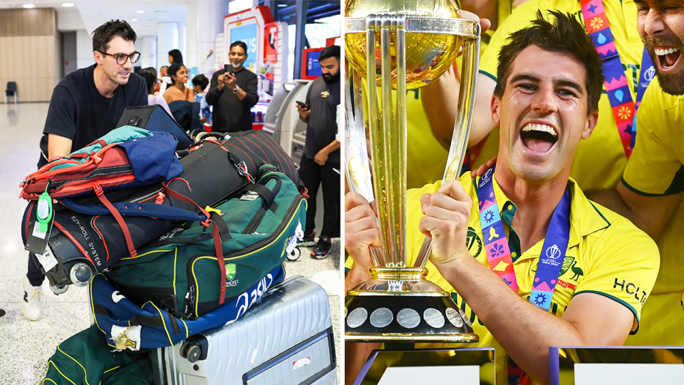 Pat Cummins at the airport and Cummins holding the World Cup trophy.