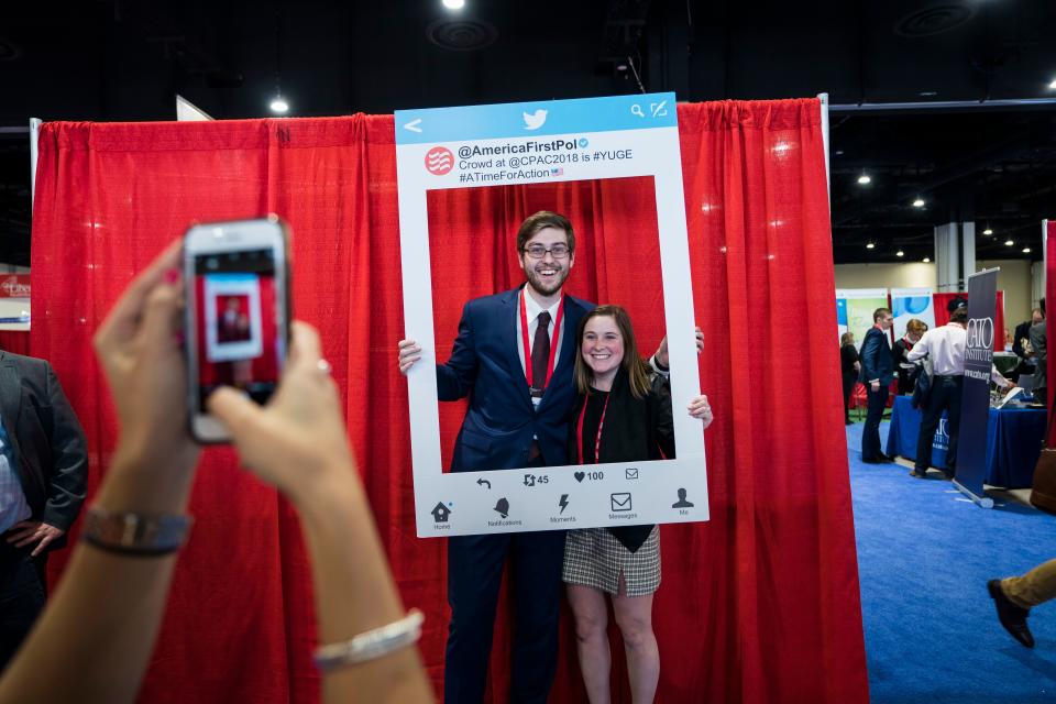 <p>Conservative Political Action Conference (CPAC) attendees Grant Shearer (L) and Maureen Moroz (R) pose for a photograph at the 45th annual conference at the Gaylord National Resort & Convention Center in National Harbor, Md., Feb. 22, 2018. (Photo: Jim Lo Scalzo/EPA-EFE/REX/Shutterstock) </p>