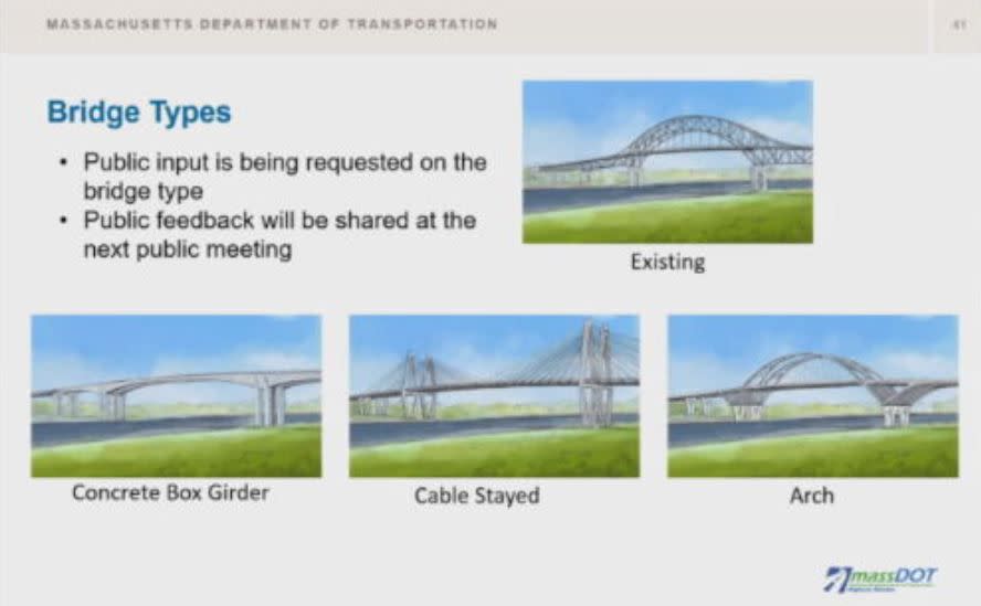 This image shows the three designs under consideration: The concrete box girder design, the cable stayed design, and the arch design. Credit: MassDOT