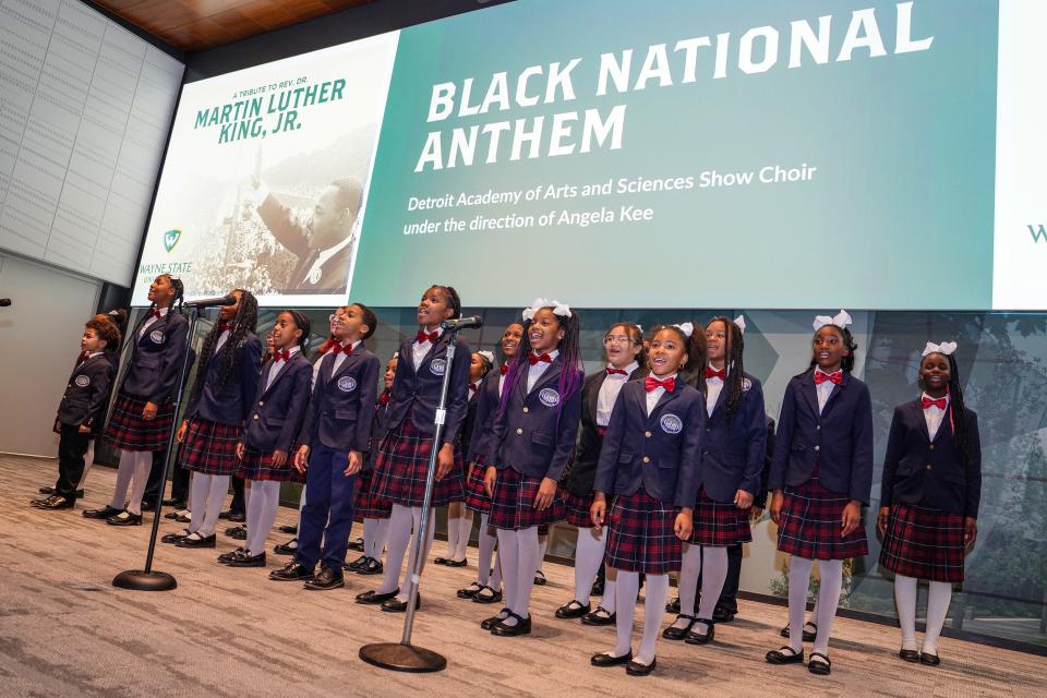 The Detroit Academy of Arts Show Choir, under the direction of Angela Kee, performed James Weldon Johnson's "Lift Every Voice and Sing," popularly known as the "Black National Anthem" on Jan. 13 during "A Tribute to Rev. Dr. Martin Luther King Jr.," presented by Wayne State University.