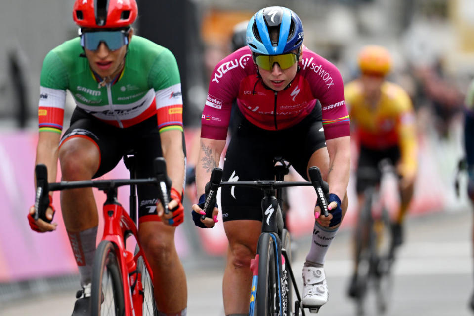 DE PANNE BELGIUM  MARCH 23 Lorena Wiebes of The Netherlands and Team SD Worx Pink UCI Womens WorldTour Leader Jersey crosses the finish line as third place during the 6th Exterioo Womens Classic BruggeDe Panne 2023 a 1631km one day race from Brugge to De Panne  UCIWWT  on March 23 2023 in De Panne Belgium Photo by Luc ClaessenGetty Images