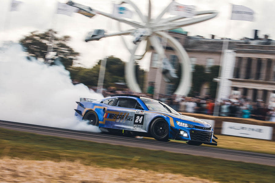 Garage24 Le Mans Nascar doing burnout as Goodwood Festival of Speed