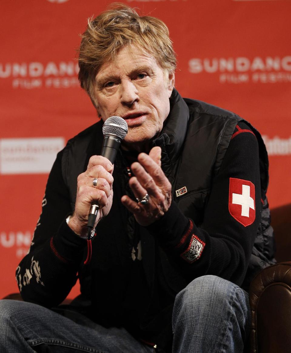 FILE - In this Jan. 19, 2012 file photo, Sundance Institute president and founder Robert Redford speaks during a press conference at the 2012 Sundance Film Festival in Park City, Utah. The 2012 top Sundance prize winner, “Beasts of the Southern Wild,” picked up four Oscar nominations, including best picture, director for first-time filmmaker Benh Zeitlin and actress for 9-year-old Quvenzhane Wallis, who had never acted before. “That's why we're here,” Redford said. “When somebody comes out of nowhere and with our support goes somewhere, that's a real pleasure to me.” (AP Photo/Danny Moloshok, File)