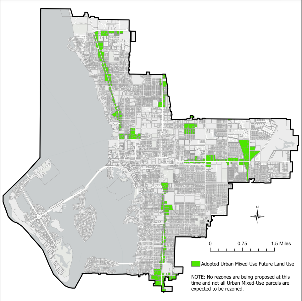 The new zoning districts - urban mixed-use 1, 2 and 3 - are along major corridors like Fruitville Road, Washington Boulevard and U.S. 41. Those that build in the district will receive a triple density bonus if 15% of the bonus residential units are priced attainably.