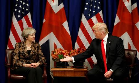 U.S. President Donald Trump meets with Britain's Prime Minister Theresa May during the U.N. General Assembly in New York, U.S., September 20, 2017. REUTERS/Kevin Lamarque/Files