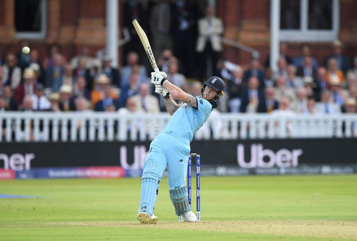 LONDON, ENGLAND - JULY 14: England batsman Ben Stokes hits out during the Final of the ICC Cricket World Cup 2019 between New Zealand and England at Lord's Cricket Ground on July 14, 2019 in London, England. (Photo by Stu Forster-ICC/ICC via Getty Images)