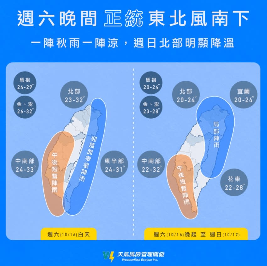 周六晚間將有正統東北風南下。（圖／翻攝自臉書「天氣風險 WeatherRisk」）