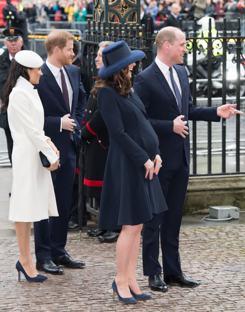 <p><strong>When: March 12, 2018</strong><br>Kate, who is expecting her third child in April, looked stunning in a dark blue Beulah London coat and matching hat from Lock and Co. <em>(Photo: Getty)</em> </p>