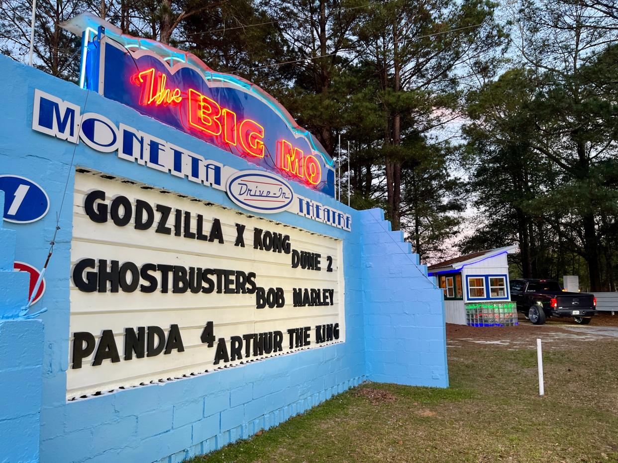 A marquee glows outside the entrance of the Monetta Drive-In Theatre, also known as "The Big Mo," in Monetta, S.C. on Friday, March 29, 2024.
