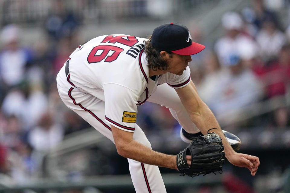 Atlanta Braves starting pitcher Dylan Dodd works against the Philadelphia Phillies during the first inning of a baseball game Thursday, May 25, 2023, in Atlanta. (AP Photo/John Bazemore)