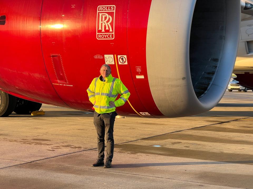 Waste disposal: Simon Calder in front of one of the Rolls-Royce Trent 1000 engines powered with sustainable aircraft fuel (Simon Calder)