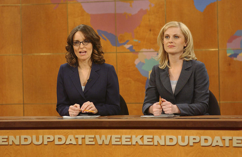 Tina Fey and Amy Poehler doing "The Weekend Update" on "Saturday Night Live."