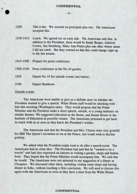 Embargoed to 0001 Tuesday July 20 Handout image issued by the National Archives of memos across Downing Street aides in May 1997 discussing the visit of US President Bill Clinton. Issue date: Tuesday July 20, 2021.