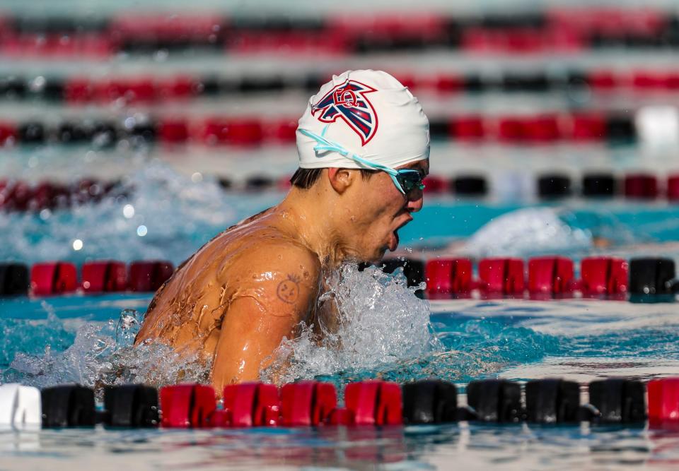 La Quinta’s Tonalli Sanchez competes in the boys 200-yard individual medley during the DEL individual swim finals at La Quinta High School in La Quinta, Calif., Thursday, April 28, 2022.